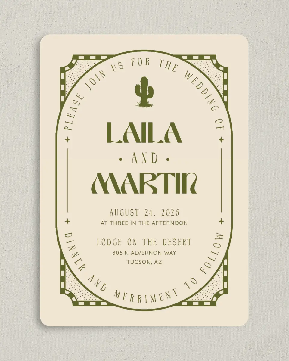 This is a 5" x 7" Rounded Wedding Invitation called Desert Funk printed in full color on Premium Smooth paper