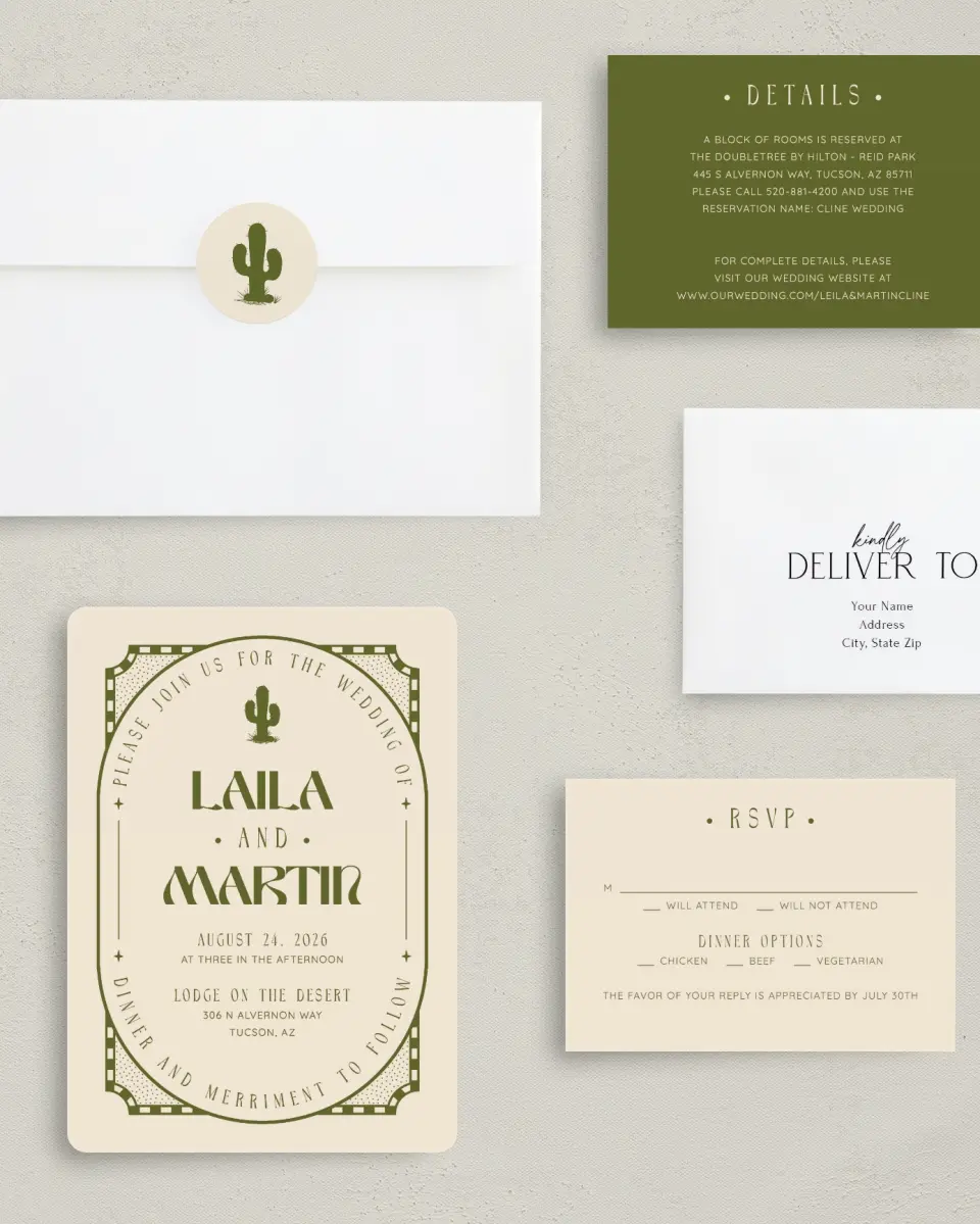 This is a 5" x 7" Rounded Wedding Invitation called Desert Funk printed in full color with Silver foil on Luxe Satin (coated) paper