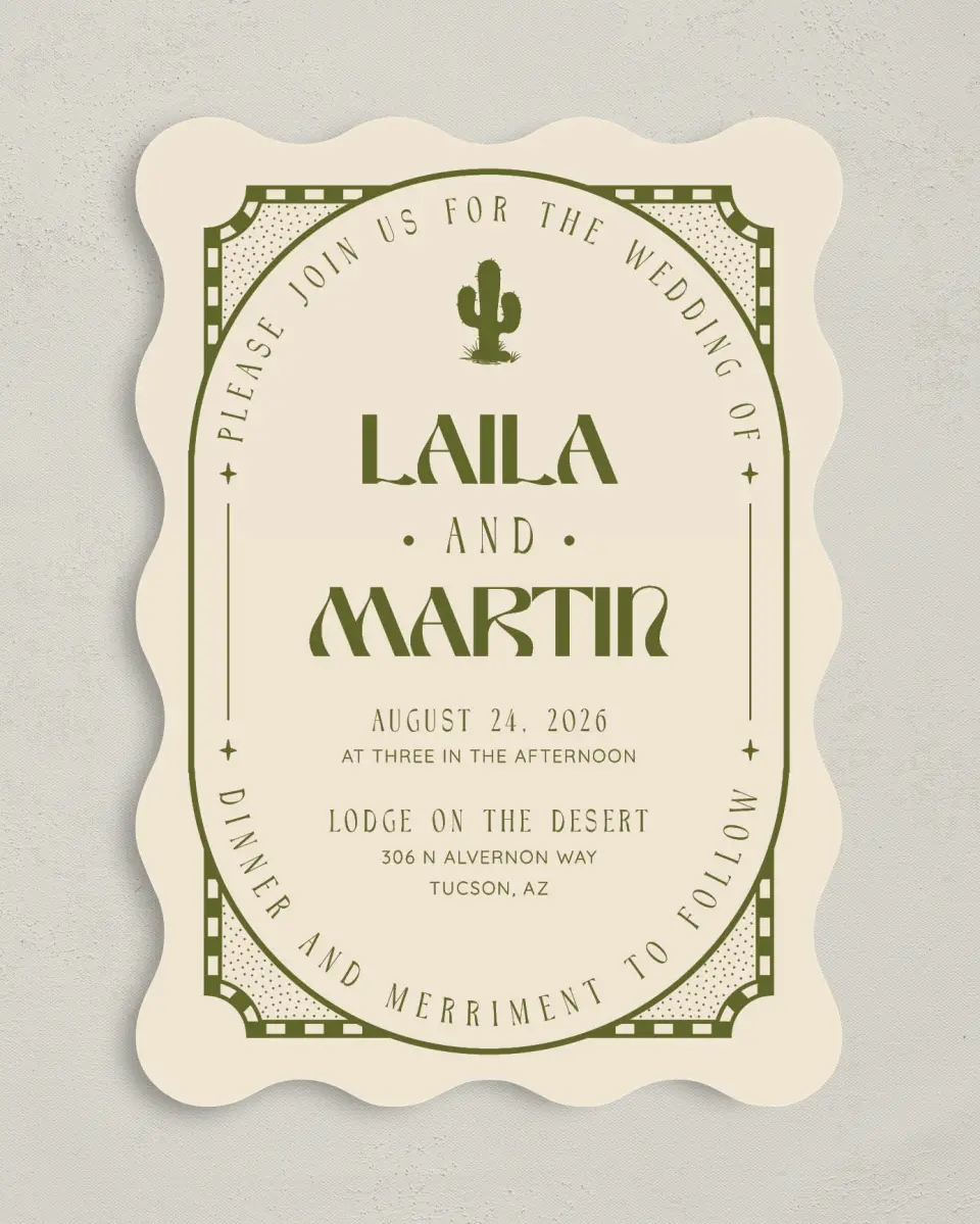 This is a 5" x 7" Wavy Wedding Invitation called Desert Funk printed in full color on Premium Smooth paper