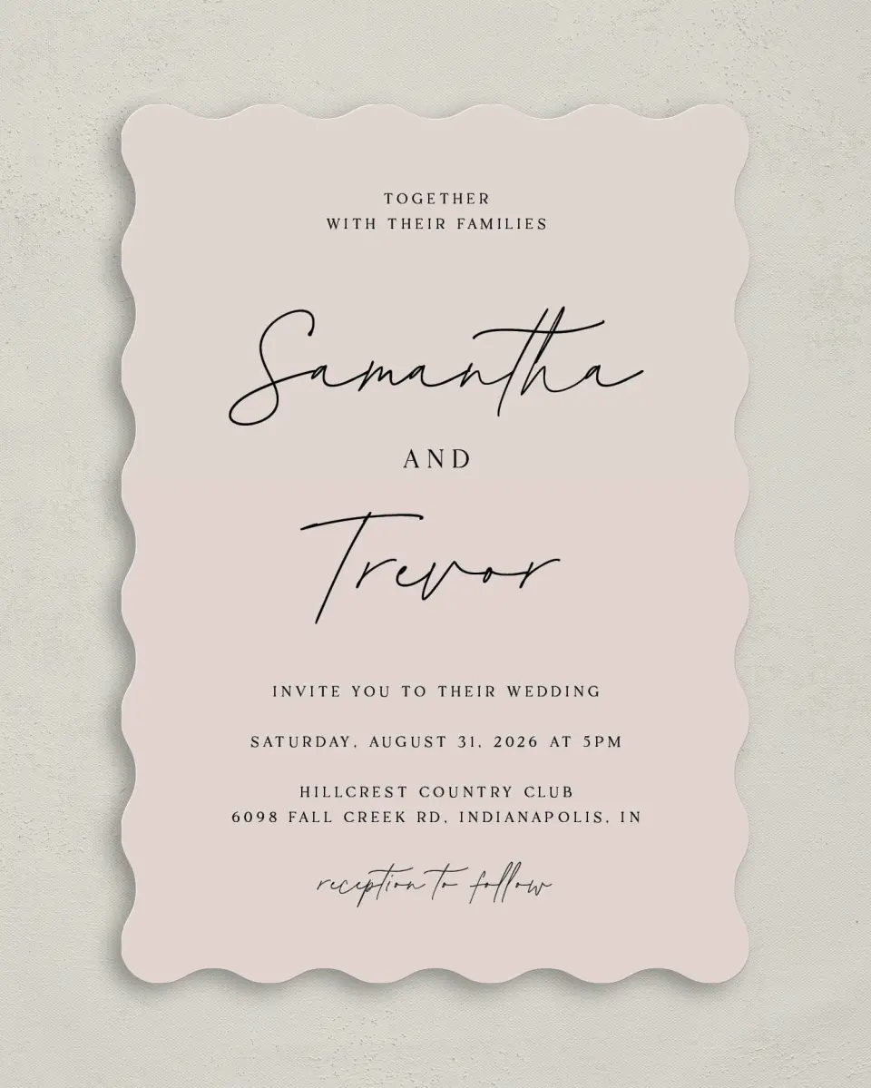 This is a 5" x 7" Wavy Wedding Invitation called The Samantha printed in full color on Premium Smooth paper