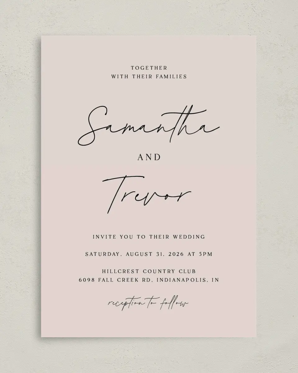 This is a 5" x 7" Classic Wedding Invitation called The Samantha printed in full color with Gold foil on Luxe Satin (coated) paper