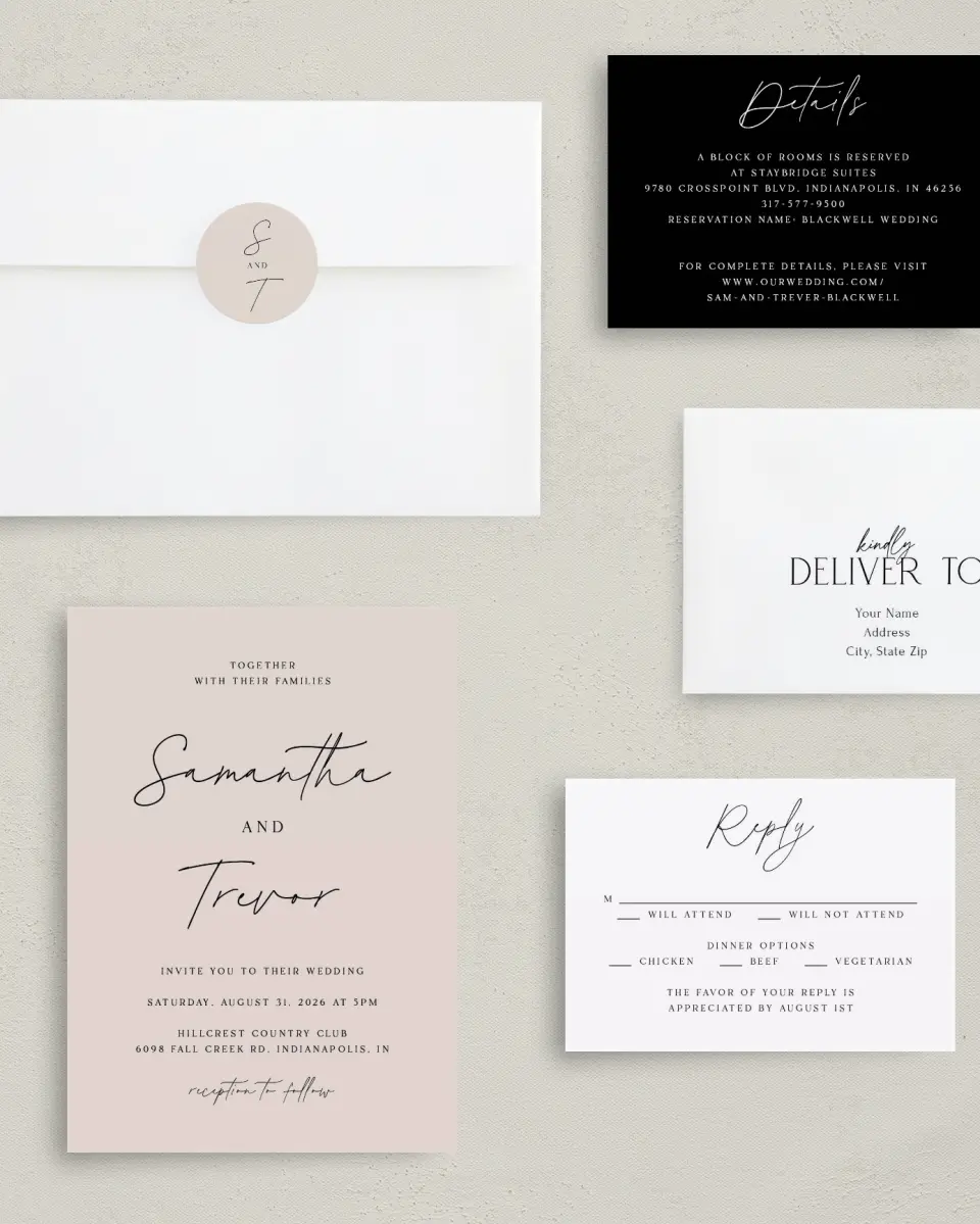 This is a 5" x 7" Classic Wedding Invitation called The Samantha printed in full color with Gold foil on Luxe Satin (coated) paper