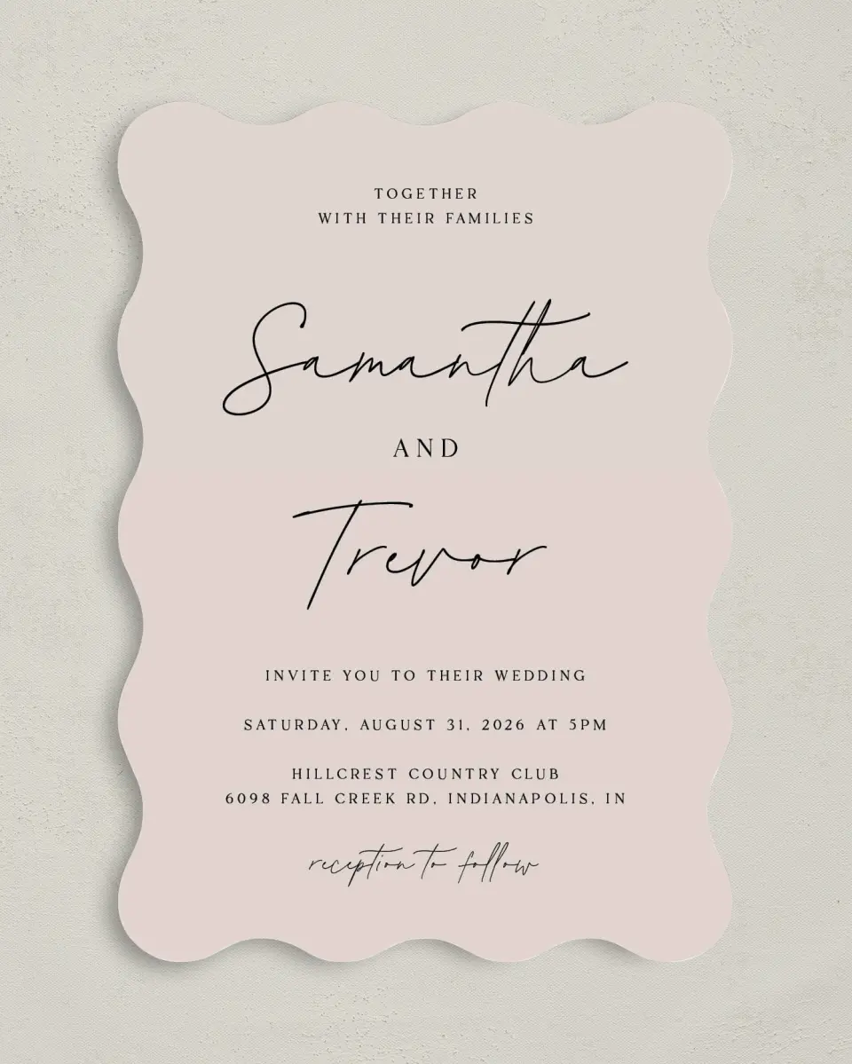 This is a 5" x 7" Wavy Wedding Invitation called The Samantha printed in full color on Premium Smooth paper
