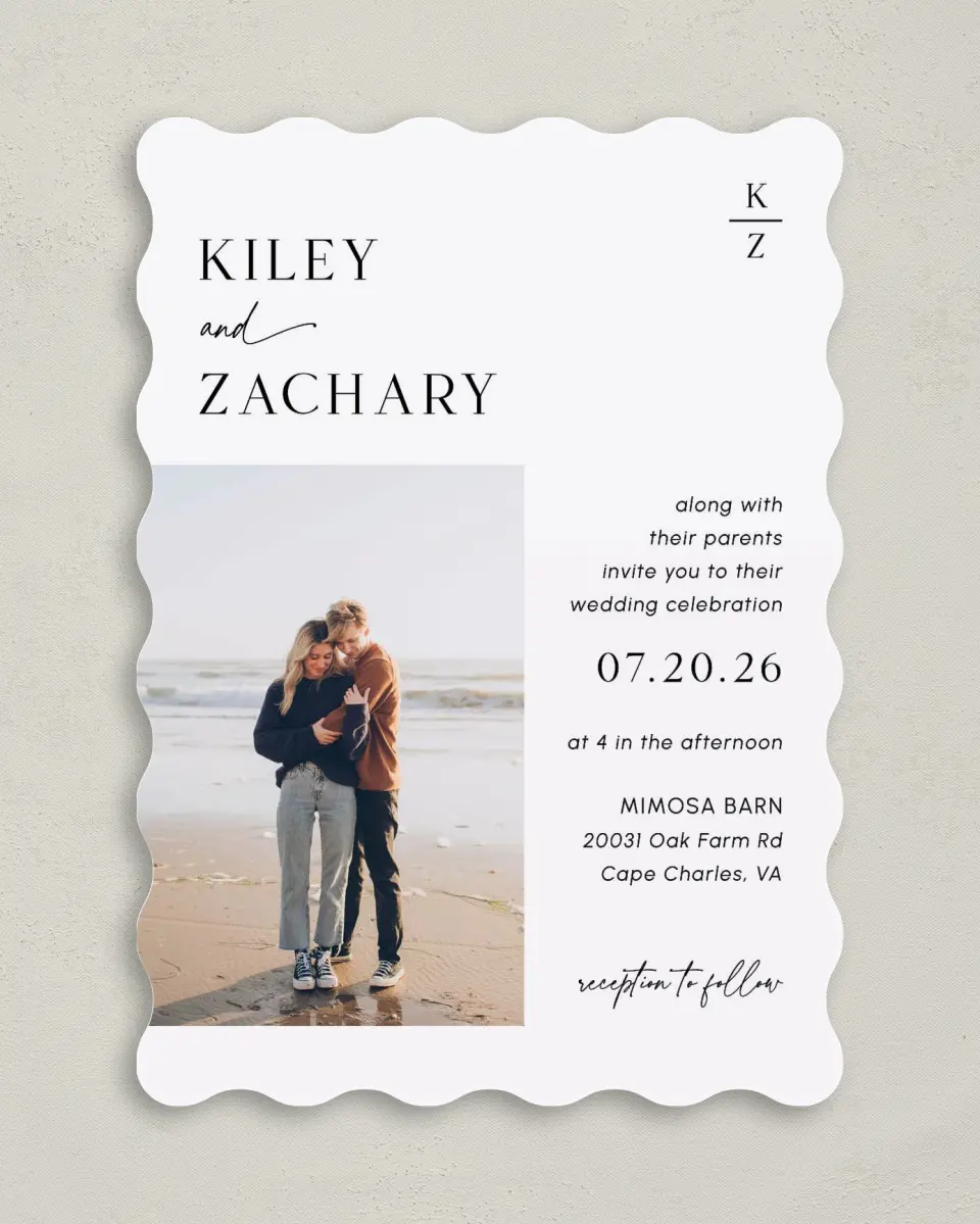 This is a 5" x 7" Wavy Wedding Invitation called Picturesque printed in full color on Premium Smooth paper