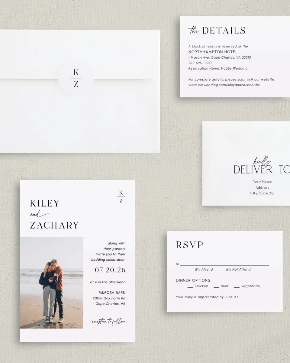 This is a 5" x 7" Classic Wedding Invitation called Picturesque printed in full color with Gold foil on Luxe Satin (coated) paper