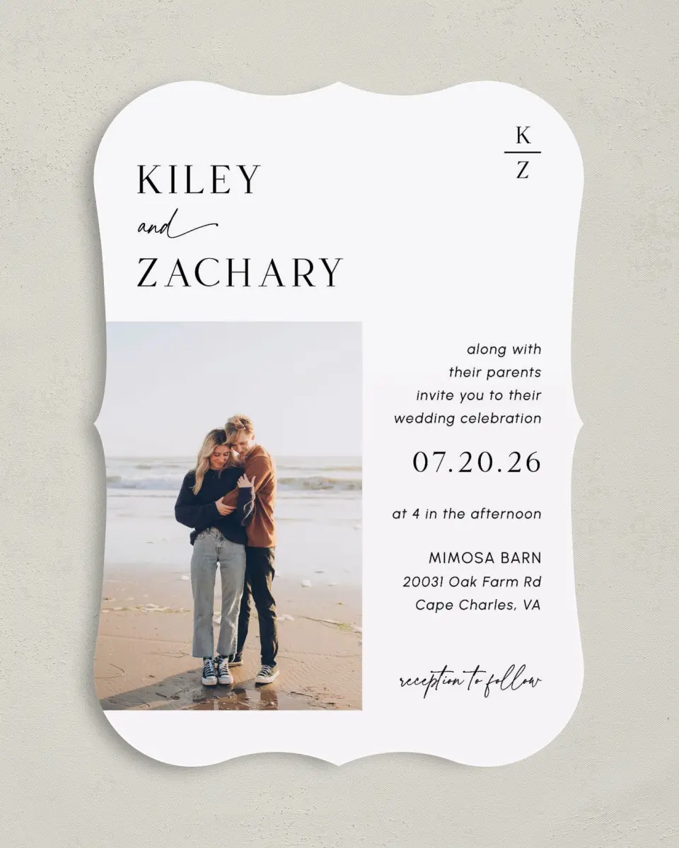 This is a 5" x 7" Bracket Wedding Invitation called Picturesque printed in full color on Premium Smooth paper