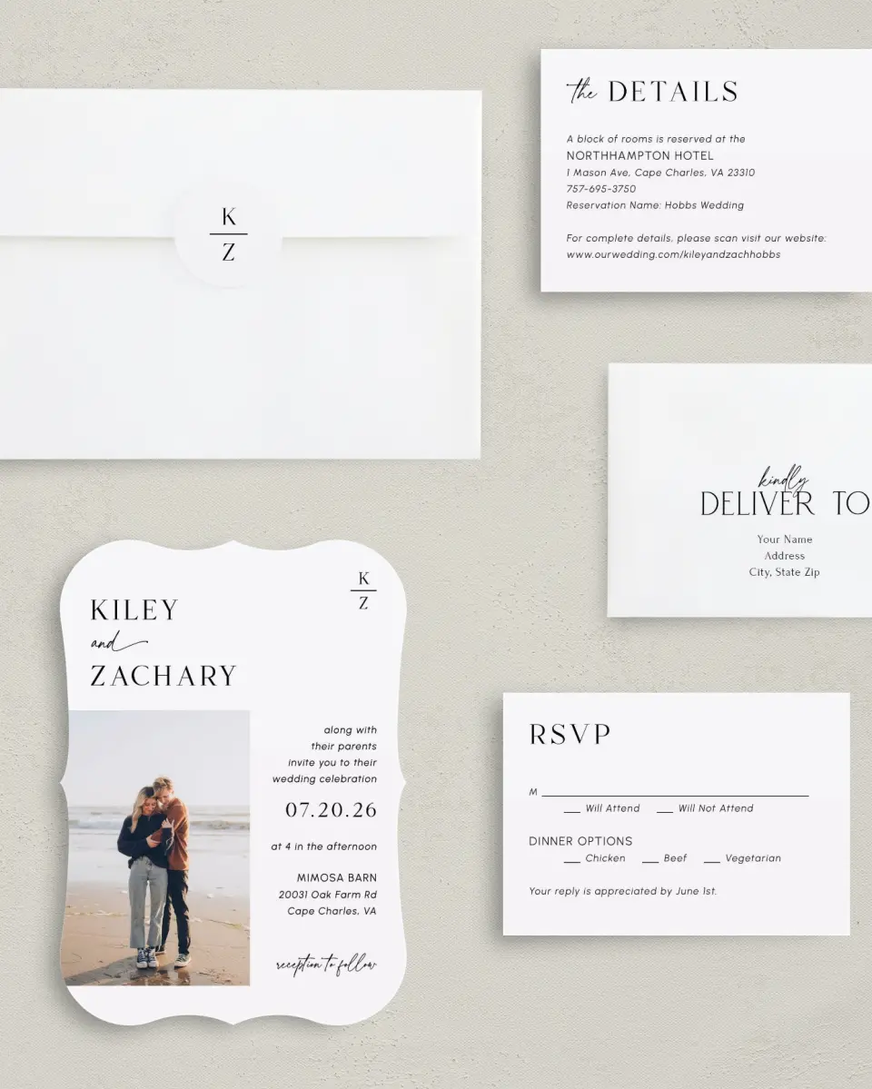 This is a 5" x 7" Bracket Wedding Invitation called Picturesque printed in full color with Silver foil on Luxe Satin (coated) paper