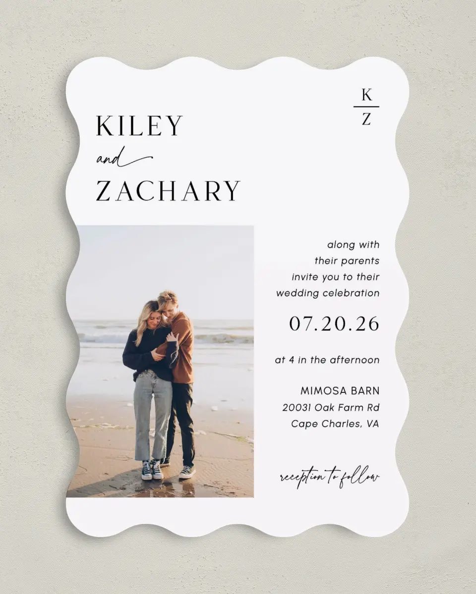 This is a 5" x 7" Wavy Wedding Invitation called Picturesque printed in full color on Premium Smooth paper