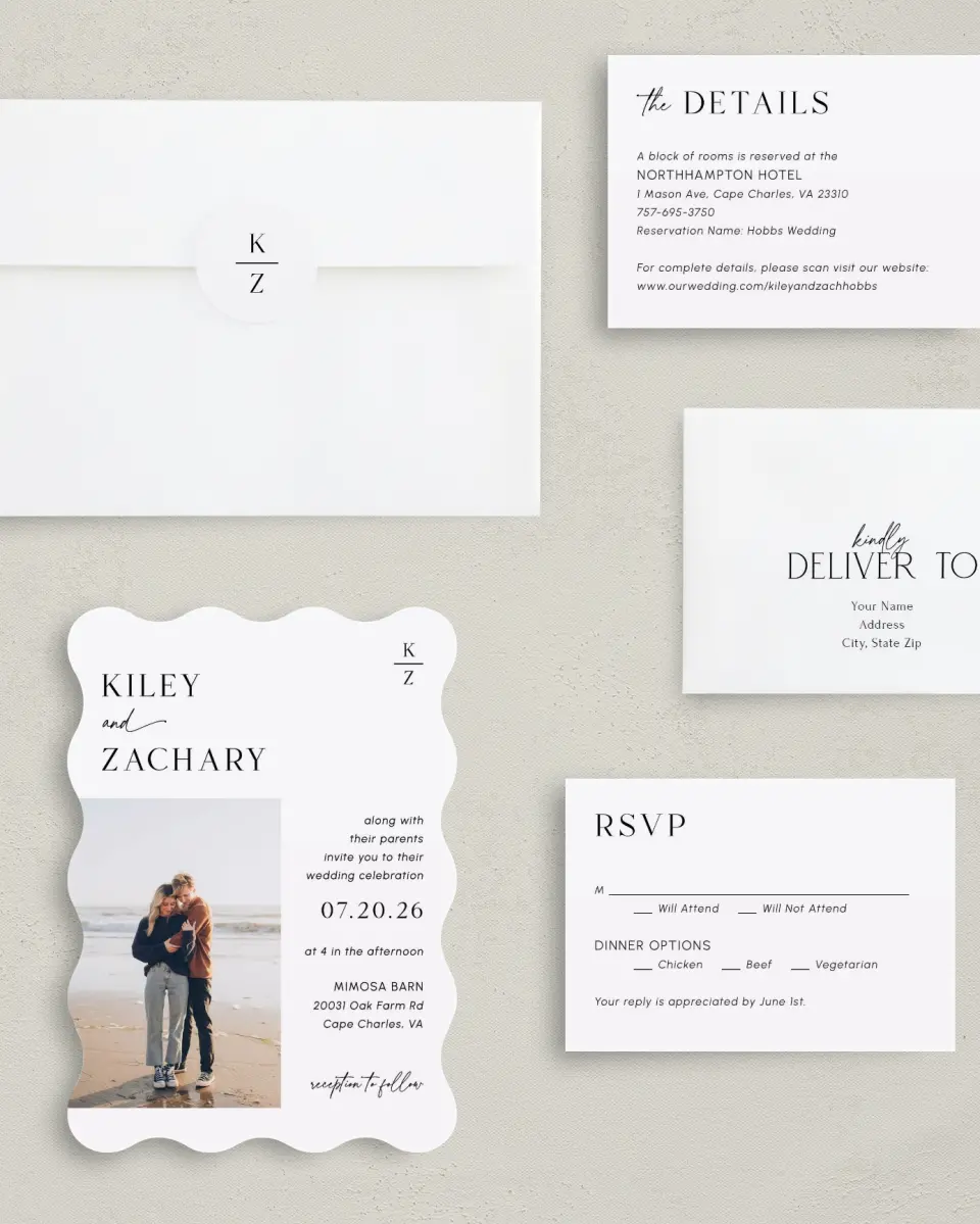 This is a 5" x 7" Wavy Wedding Invitation called Picturesque printed in full color with Silver foil on Luxe Satin (coated) paper