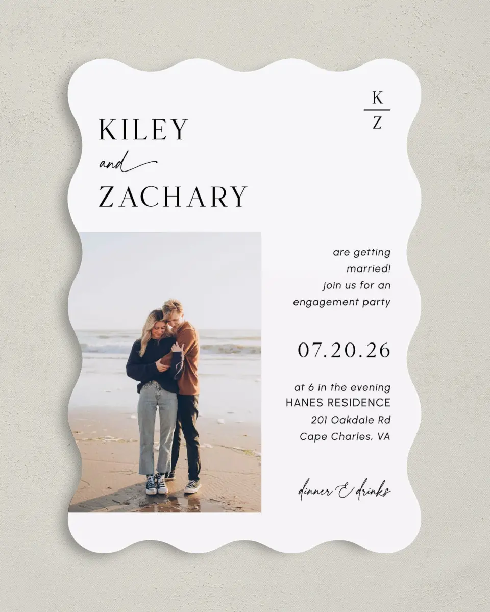 This is a 5" x 7" Wavy Wedding Invitation called Picturesque printed in full color with Rose Gold foil on Luxe Satin (coated) paper