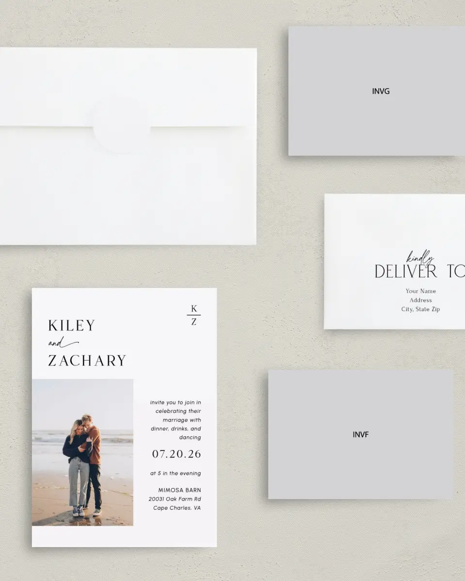 This is a 5" x 7" Reception-Only - CP called Picturesque printed in full color with Rose Gold foil on Luxe Satin (coated) paper