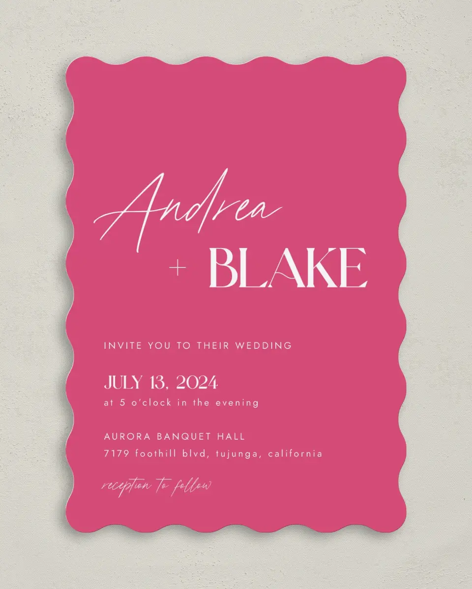 This is a 5" x 7" Wavy Wedding Invitation called The Andrea printed in full color on Premium Smooth paper