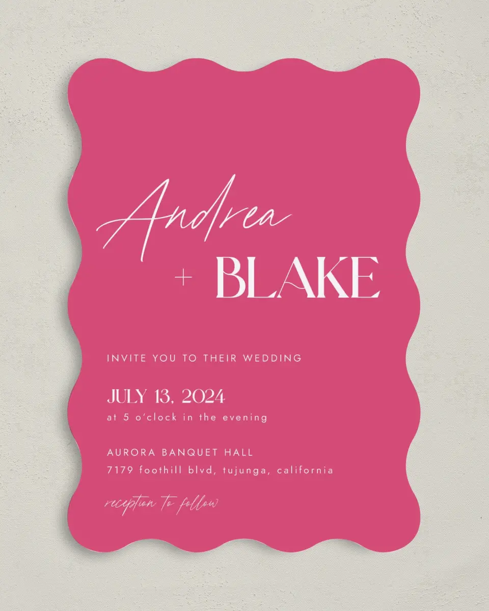 This is a 5" x 7" Wavy Wedding Invitation called The Andrea printed in full color on Premium Smooth paper