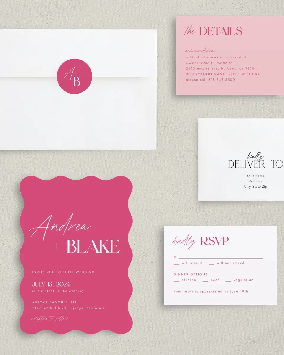 This is a 5" x 7" Wavy Wedding Invitation called The Andrea printed in full color on Premium Smooth paper