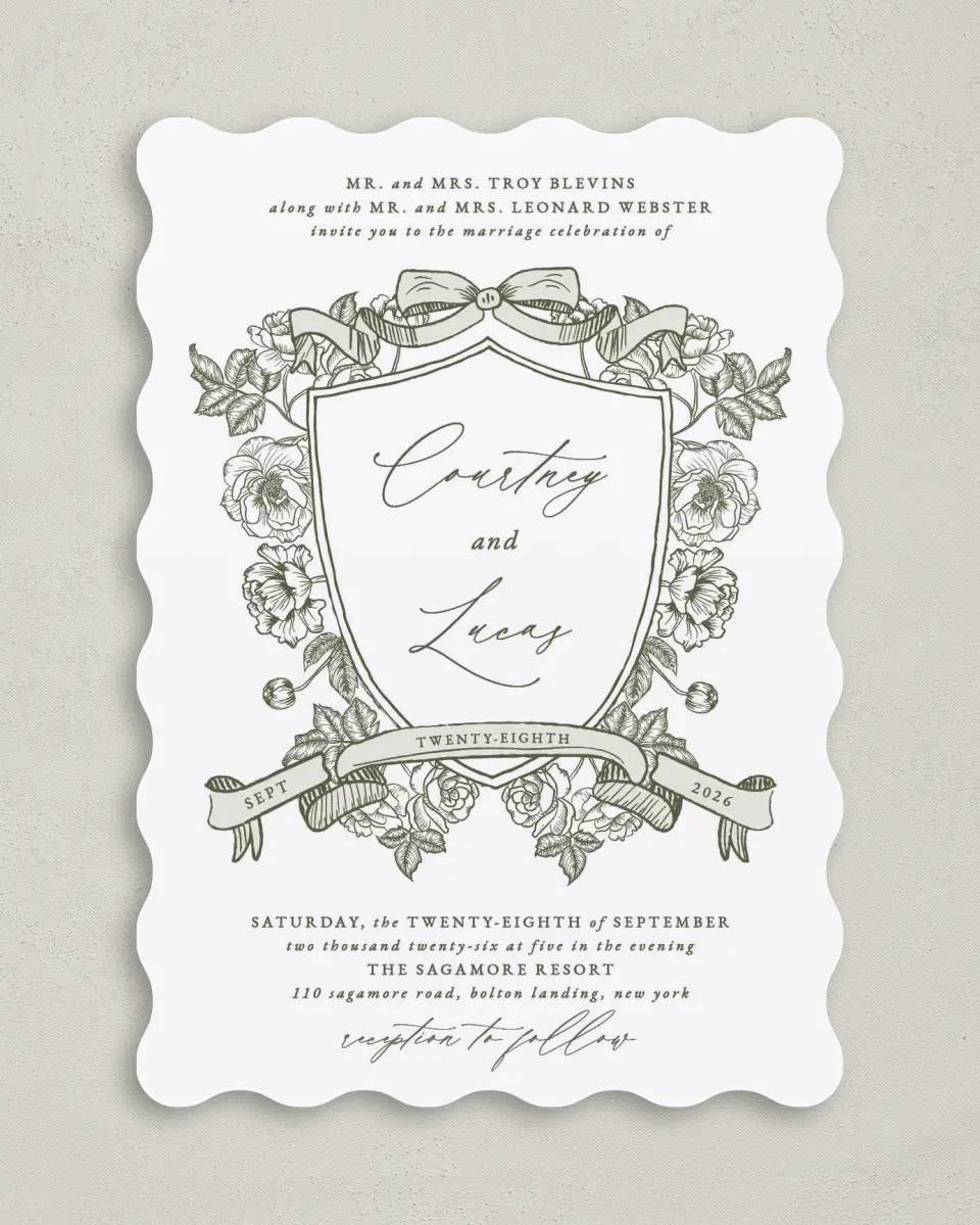 This is a 5" x 7" Wavy Wedding Invitation called Elegant Crest printed in full color on Premium Smooth paper