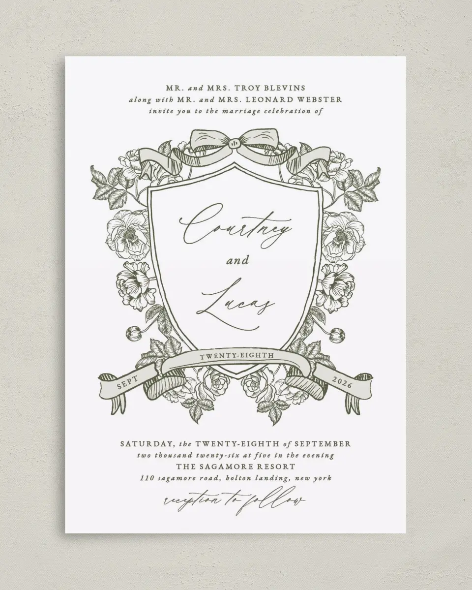 This is a 5" x 7" Classic Wedding Invitation called Elegant Crest printed in full color on Premium Smooth paper