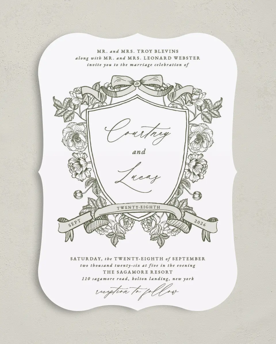 This is a 5" x 7" Bracket Wedding Invitation called Elegant Crest printed in full color on Premium Smooth paper
