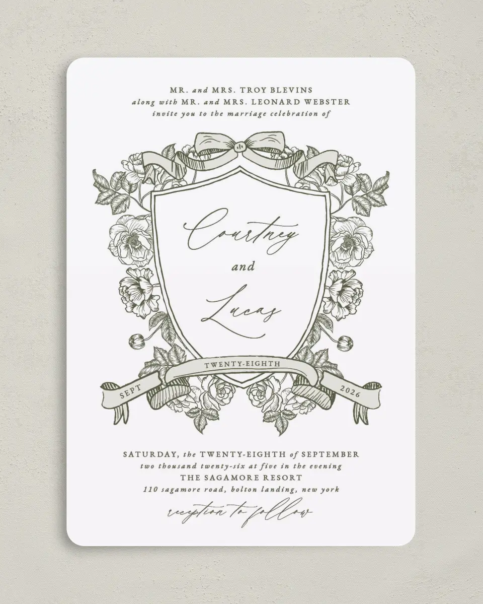 This is a 5" x 7" Rounded Wedding Invitation called Elegant Crest printed in full color on Premium Smooth paper