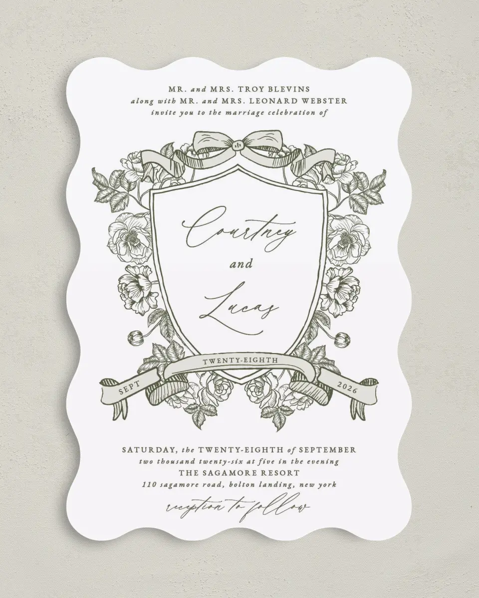 This is a 5" x 7" Wavy Wedding Invitation called Elegant Crest printed in full color on Premium Smooth paper