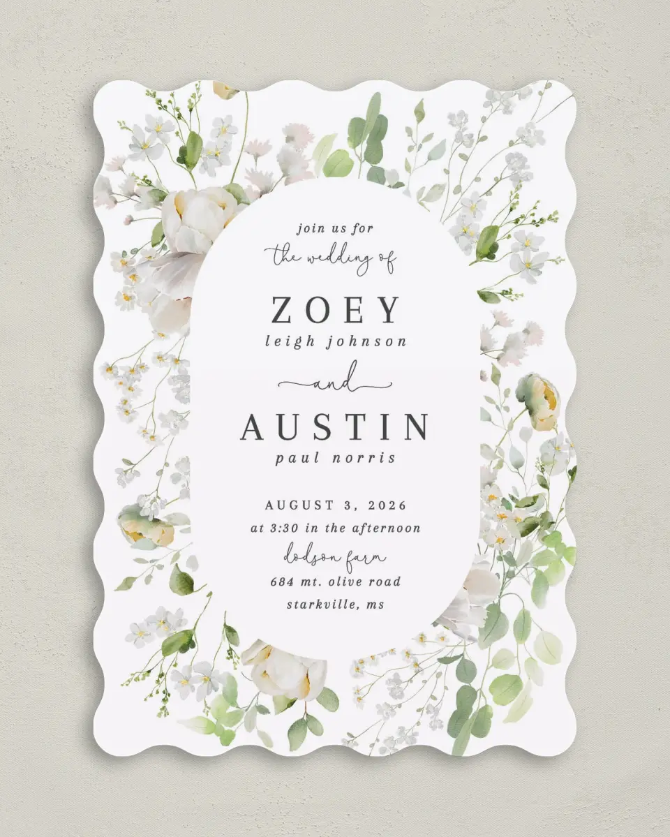 This is a 5" x 7" Wavy Wedding Invitation called The Zoey printed in full color on Premium Smooth paper