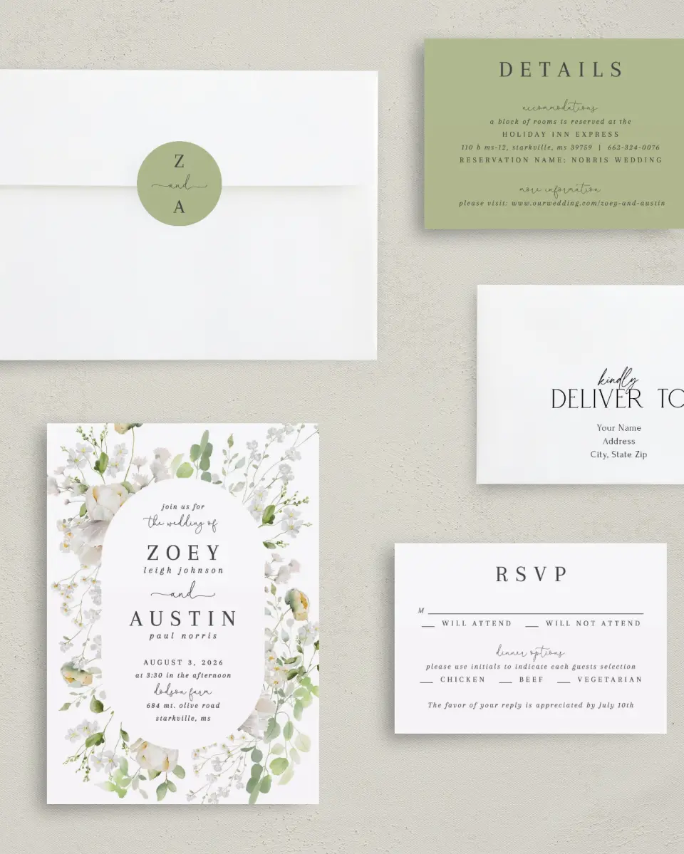 This is a 5" x 7" Classic Wedding Invitation called The Zoey printed in full color on Premium Smooth paper