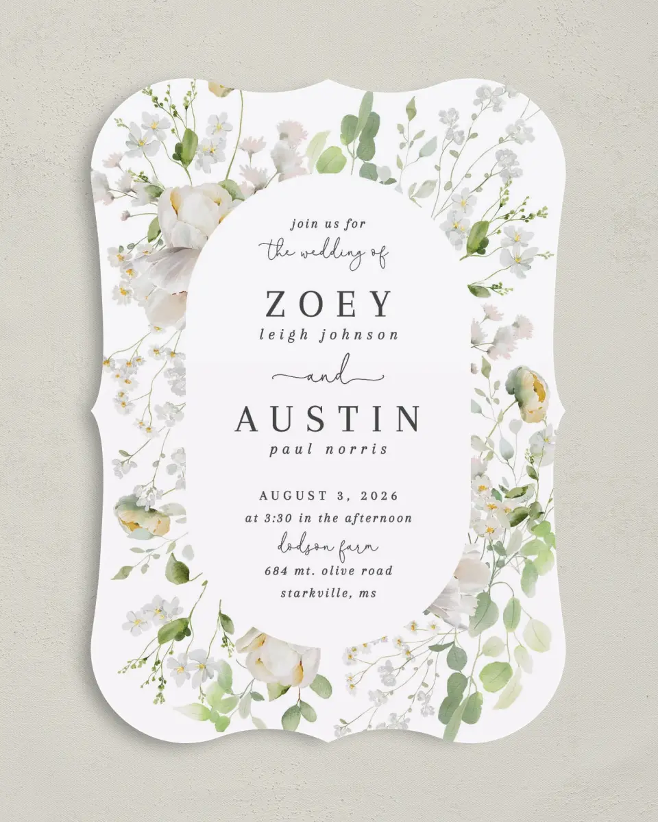 This is a 5" x 7" Bracket Wedding Invitation called The Zoey printed in full color with Silver foil on Luxe Satin (coated) paper