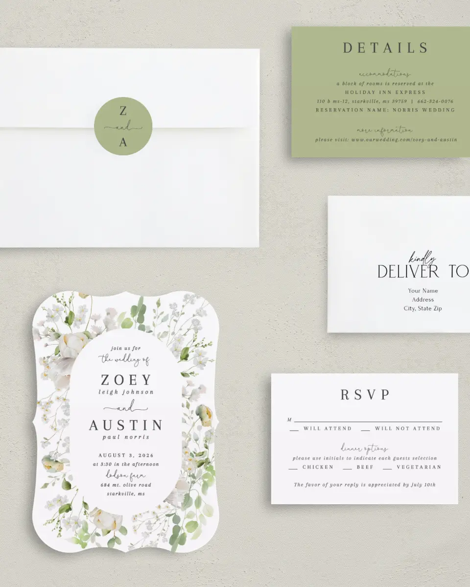 This is a 5" x 7" Bracket Wedding Invitation called The Zoey printed in full color with Silver foil on Luxe Satin (coated) paper