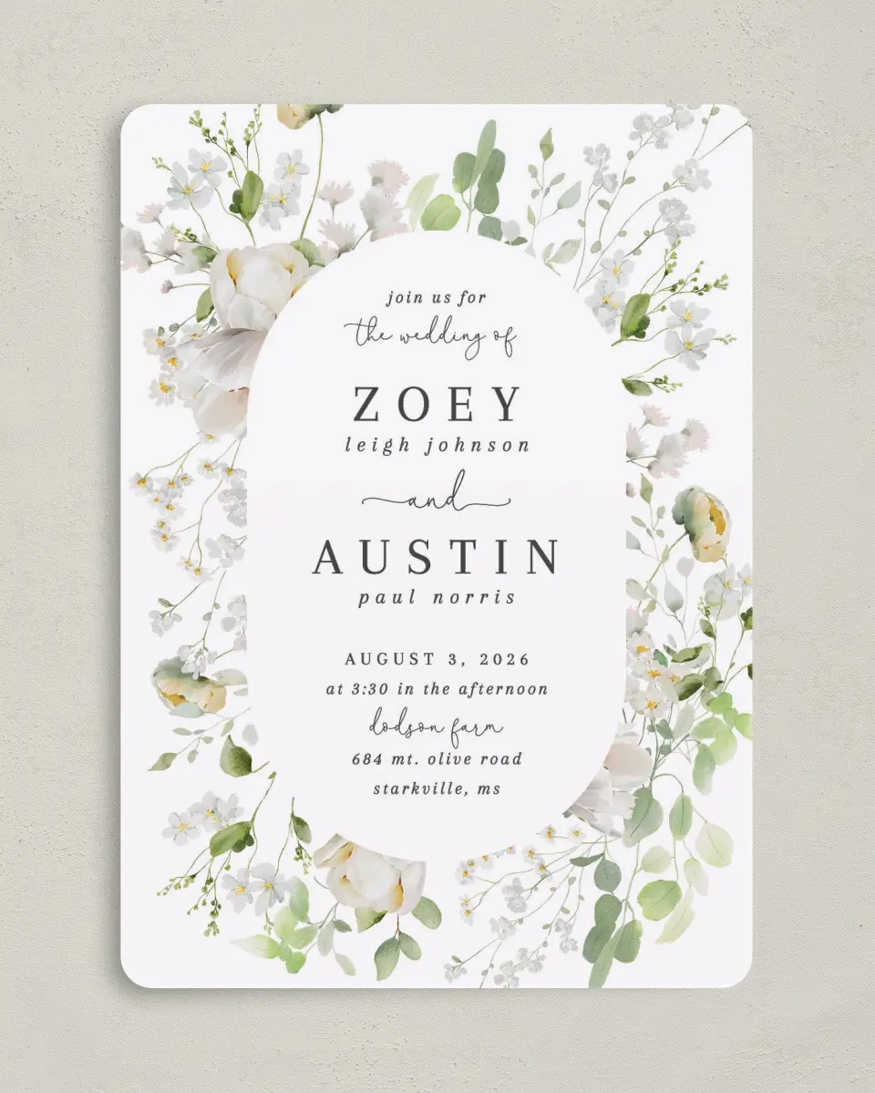 This is a 5" x 7" Rounded Wedding Invitation called The Zoey printed in full color on Premium Smooth paper