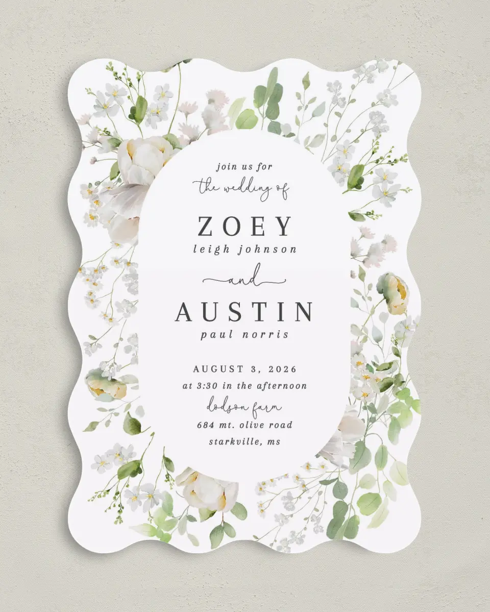 This is a 5" x 7" Wavy Wedding Invitation called The Zoey printed in full color on Premium Smooth paper