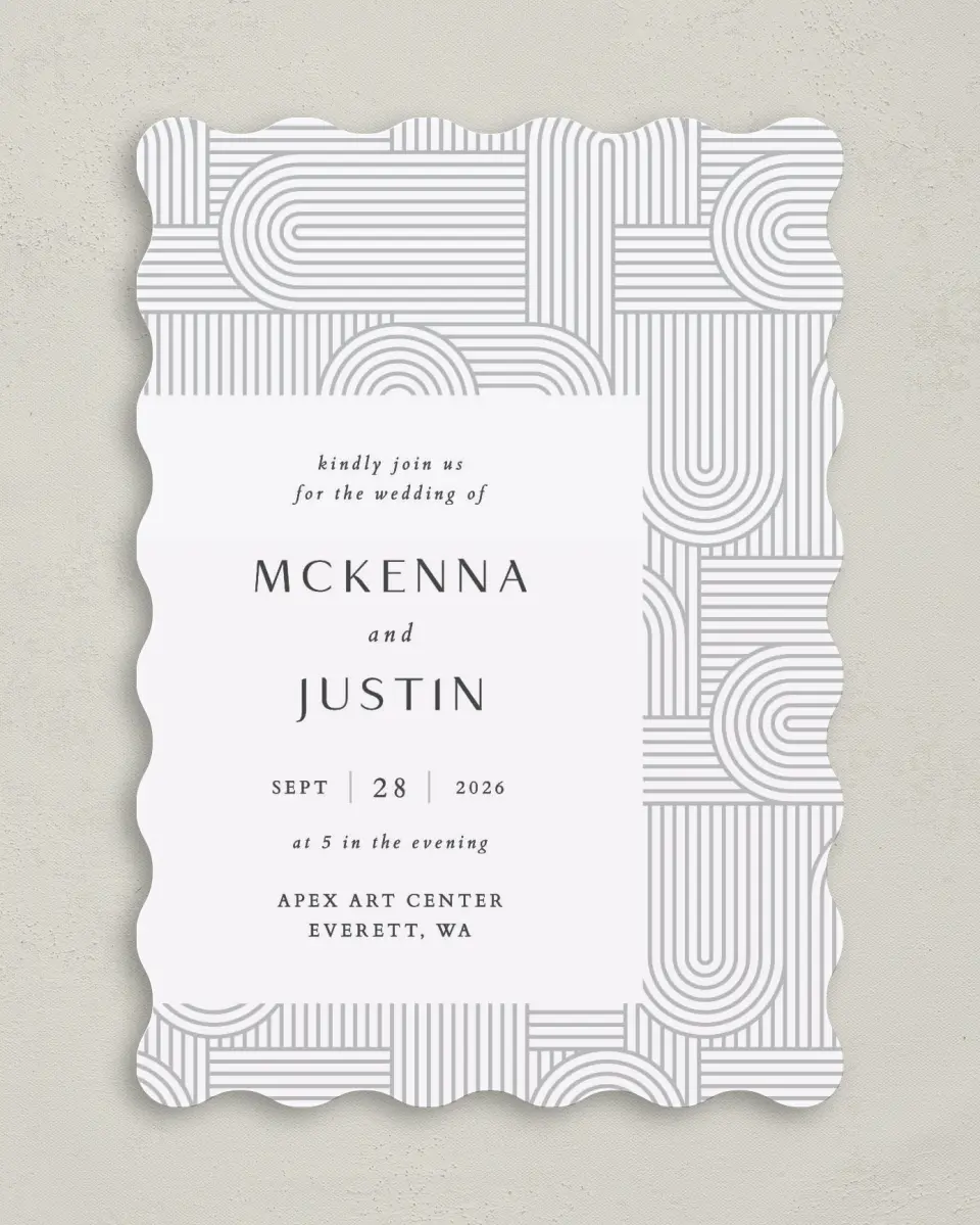 This is a 5" x 7" Wavy Wedding Invitation called Geometric Elegance printed in full color on Premium Smooth paper