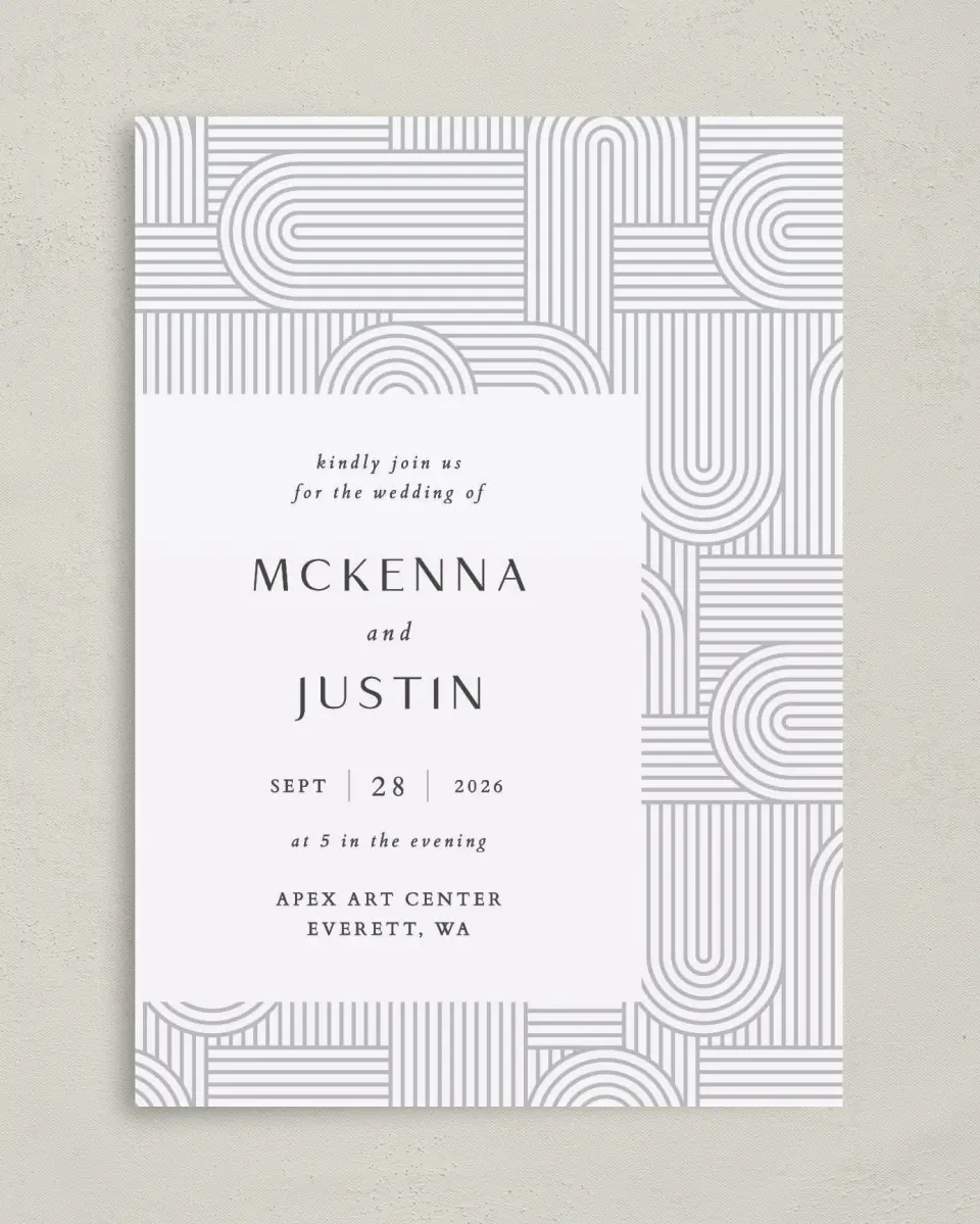 This is a 5" x 7" Classic Wedding Invitation called Geometric Elegance printed in full color with Gold foil on Luxe Satin (coated) paper