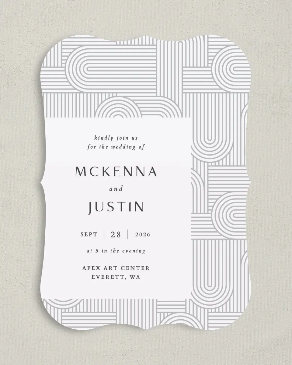 This is a 5" x 7" Bracket Wedding Invitation called Geometric Elegance printed in full color with Silver foil on Luxe Satin (coated) paper