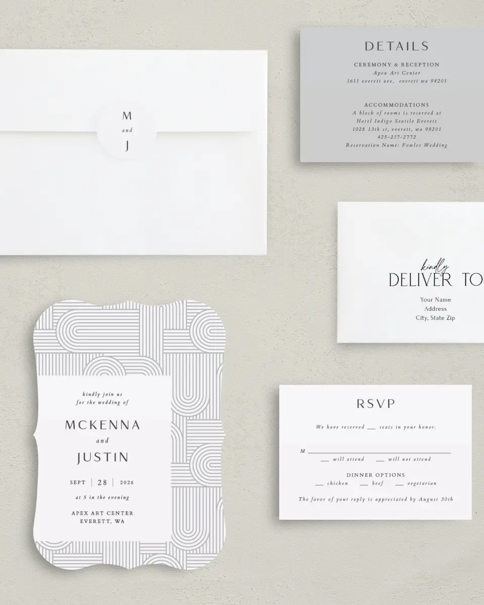 This is a 5" x 7" Bracket Wedding Invitation called Geometric Elegance printed in full color with Silver foil on Luxe Satin (coated) paper