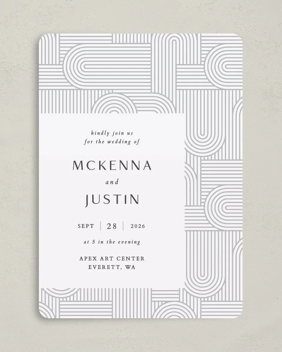 This is a 5" x 7" Rounded Wedding Invitation called Geometric Elegance printed in full color on Premium Smooth paper
