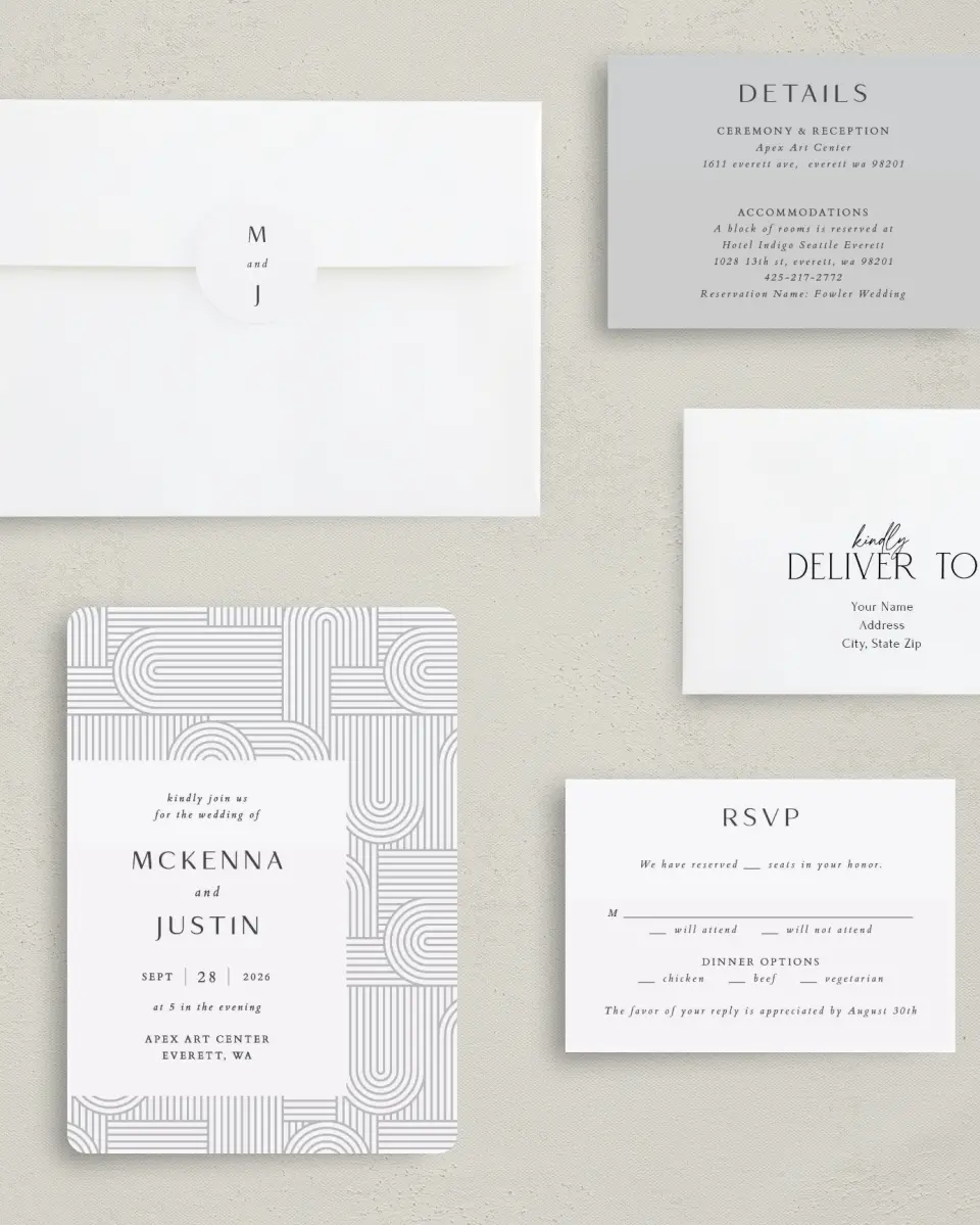 This is a 5" x 7" Rounded Wedding Invitation called Geometric Elegance printed in full color with Gold foil on Luxe Satin (coated) paper