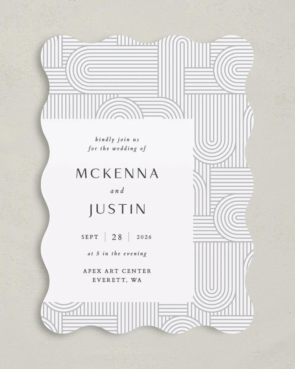 This is a 5" x 7" Wavy Wedding Invitation called Geometric Elegance printed in full color on Premium Smooth paper