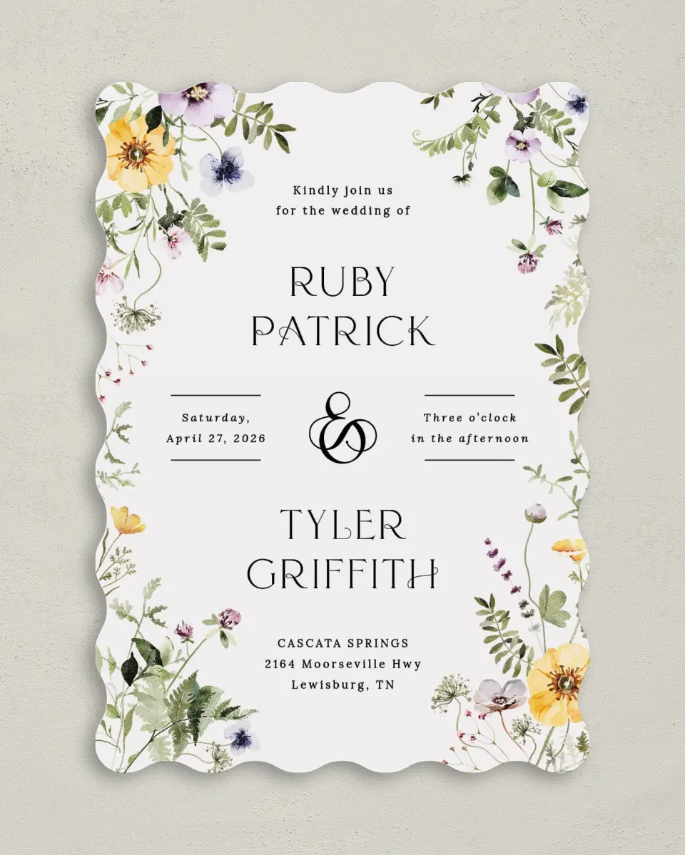 This is a 5" x 7" Wavy Wedding Invitation called The Ruby printed in full color on Premium Smooth paper
