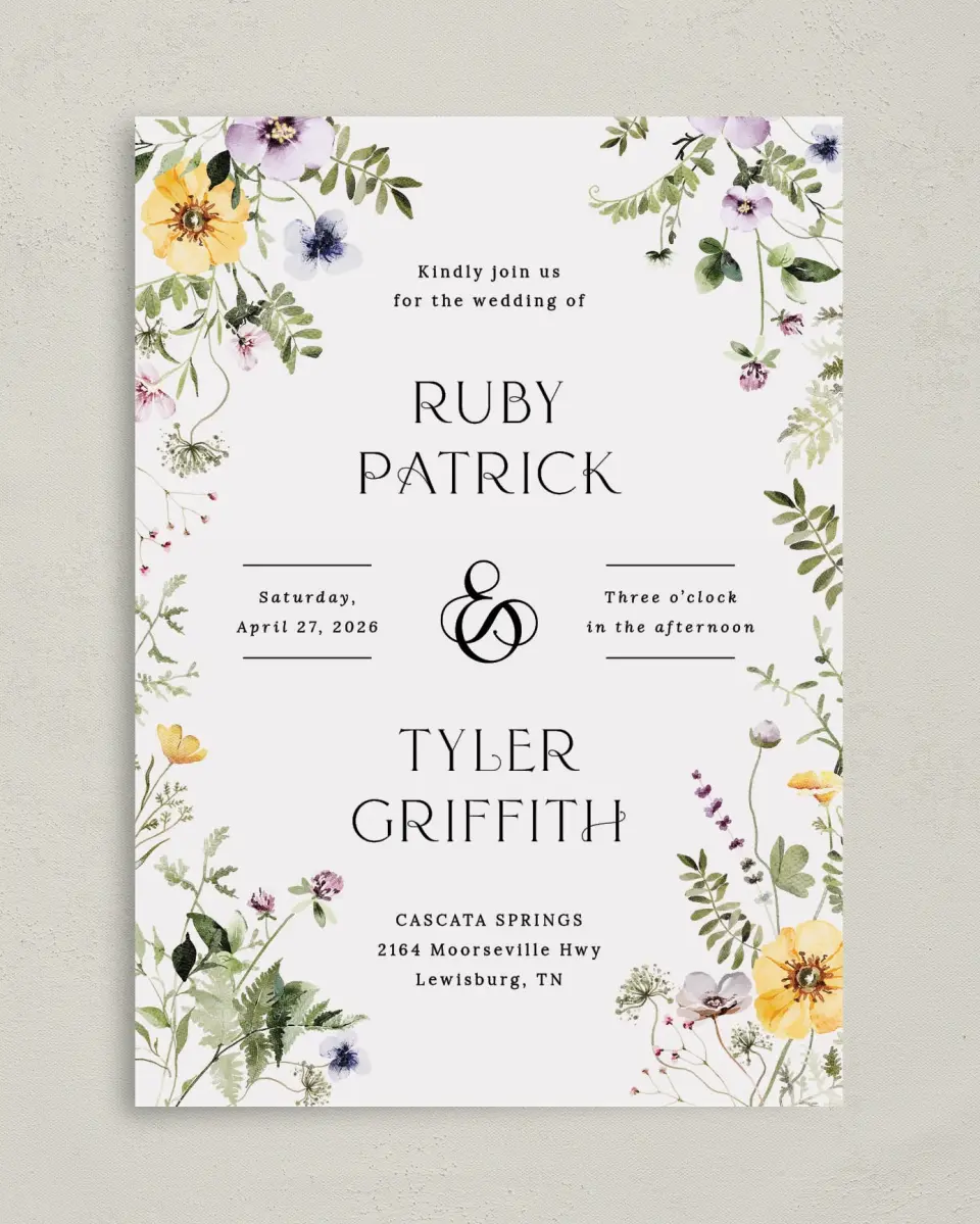 This is a 5" x 7" Classic Wedding Invitation called The Ruby printed in full color on Premium Smooth paper