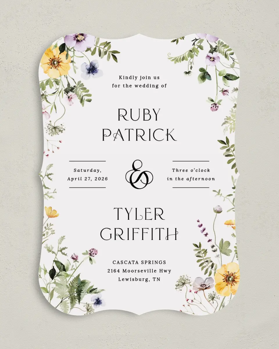This is a 5" x 7" Bracket Wedding Invitation called The Ruby printed in full color with Silver foil on Luxe Satin (coated) paper