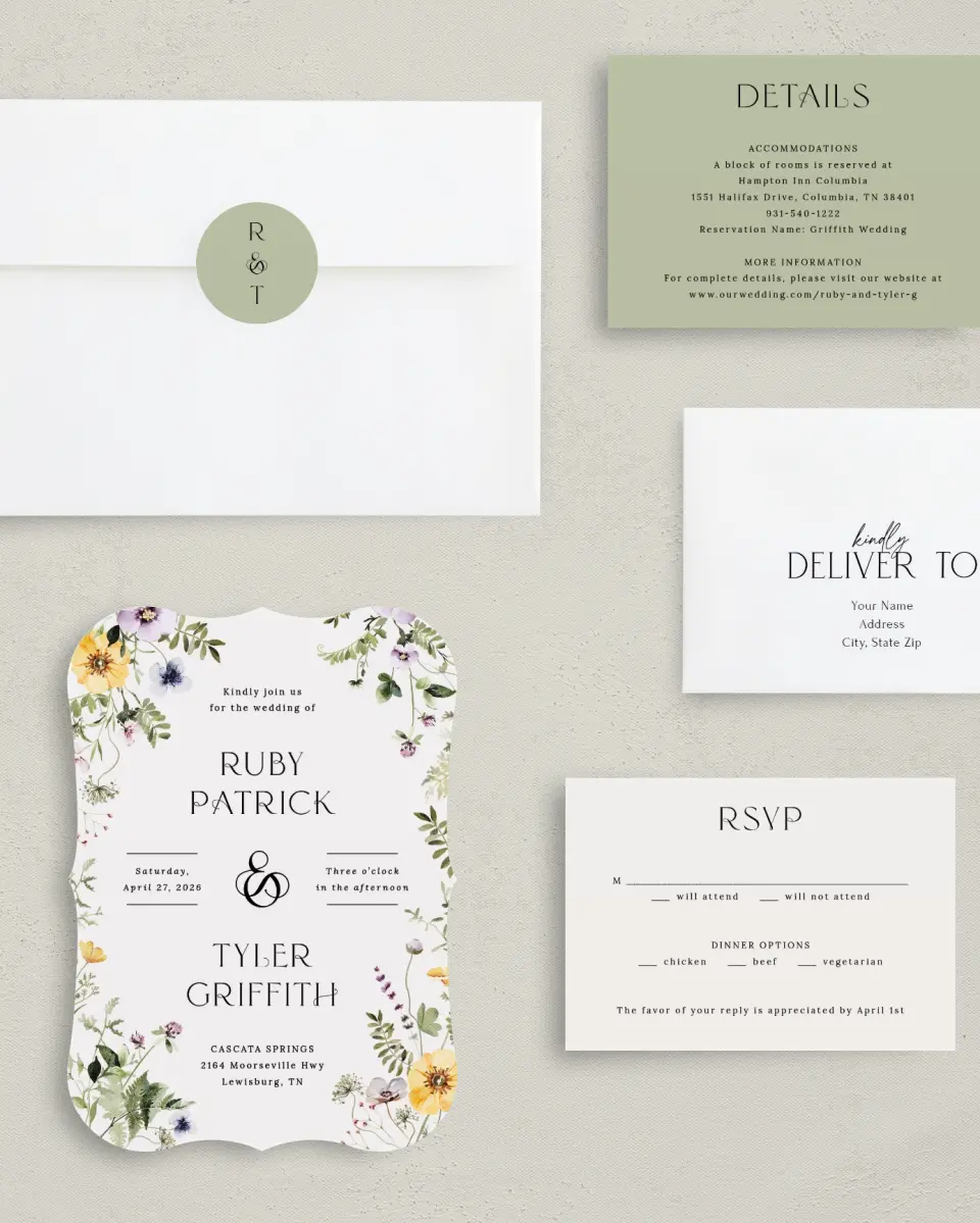 This is a 5" x 7" Bracket Wedding Invitation called The Ruby printed in full color with Silver foil on Luxe Satin (coated) paper