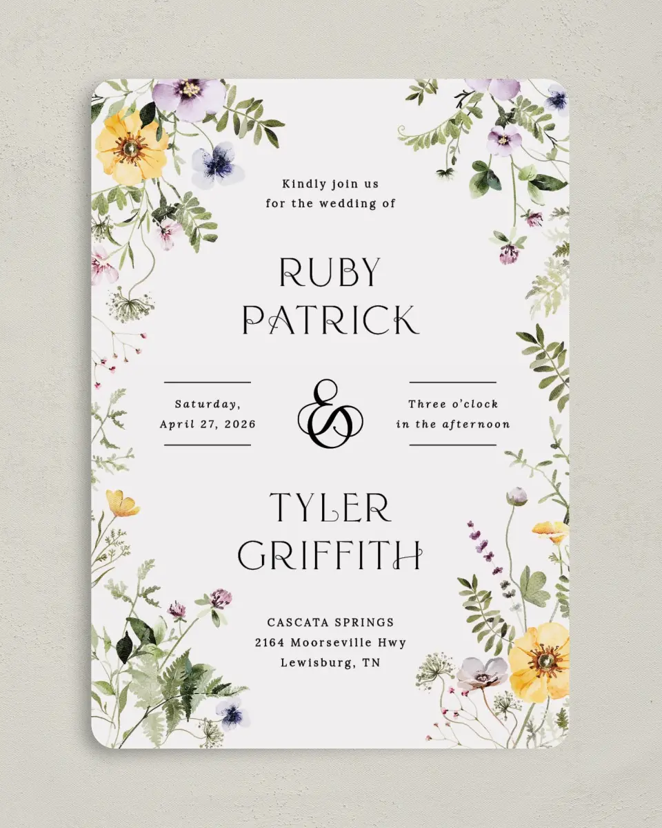 This is a 5" x 7" Rounded Wedding Invitation called The Ruby printed in full color on Premium Smooth paper