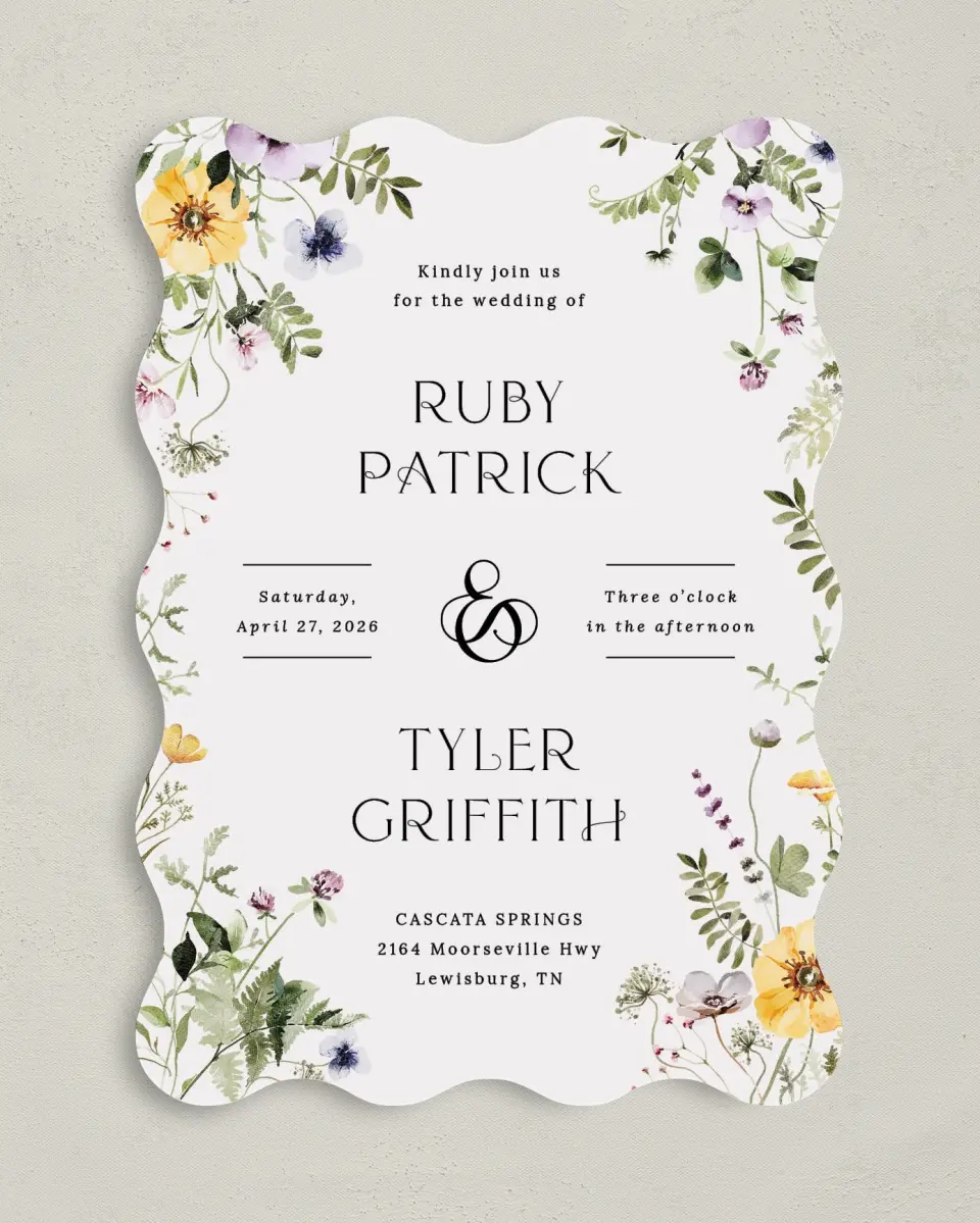 This is a 5" x 7" Wavy Wedding Invitation called The Ruby printed in full color on Premium Smooth paper