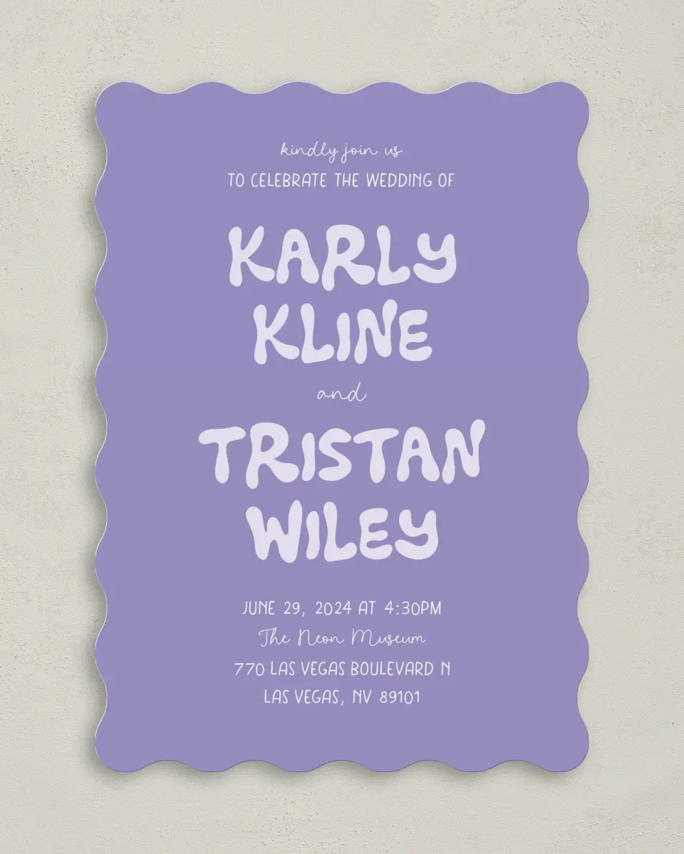 This is a 5" x 7" Wavy Wedding Invitation called The Karly printed in full color on Premium Smooth paper