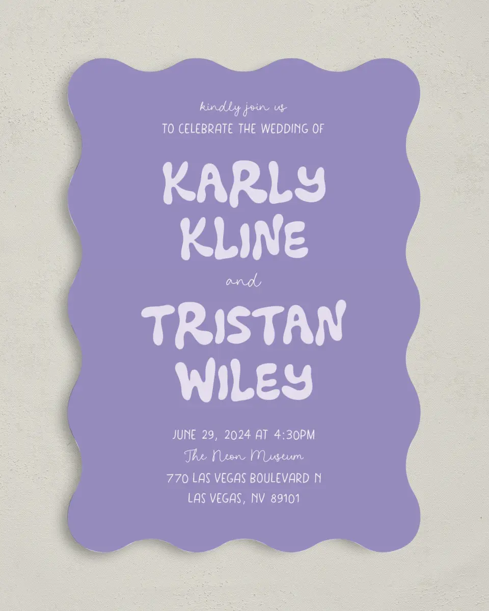 This is a 5" x 7" Wavy Wedding Invitation called The Karly printed in full color on Premium Smooth paper