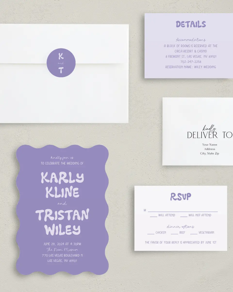This is a 5" x 7" Wavy Wedding Invitation called The Karly printed in full color with Gold foil on Luxe Satin (coated) paper