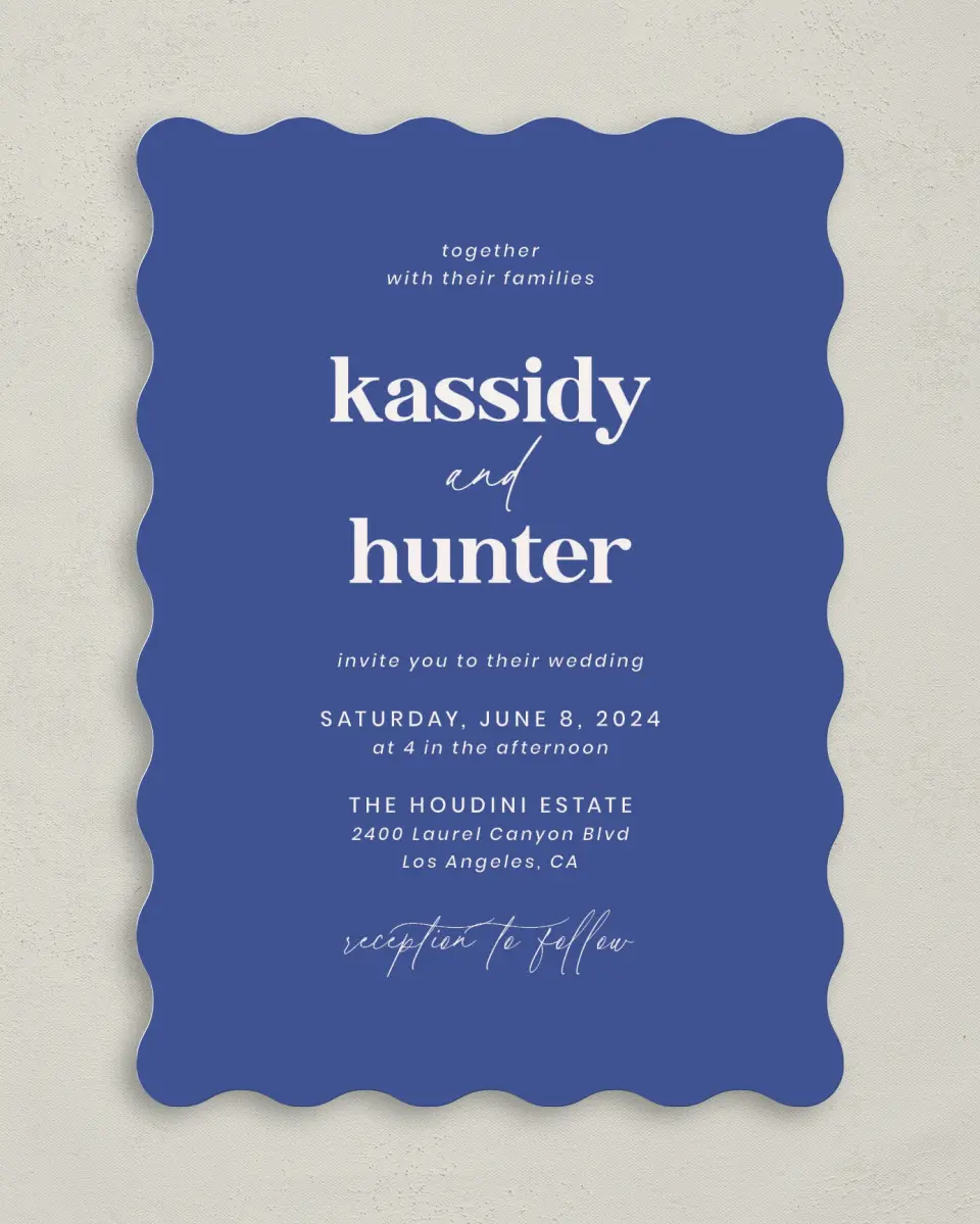 This is a 5" x 7" Wavy Wedding Invitation called The Kassidy printed in full color on Premium Smooth paper