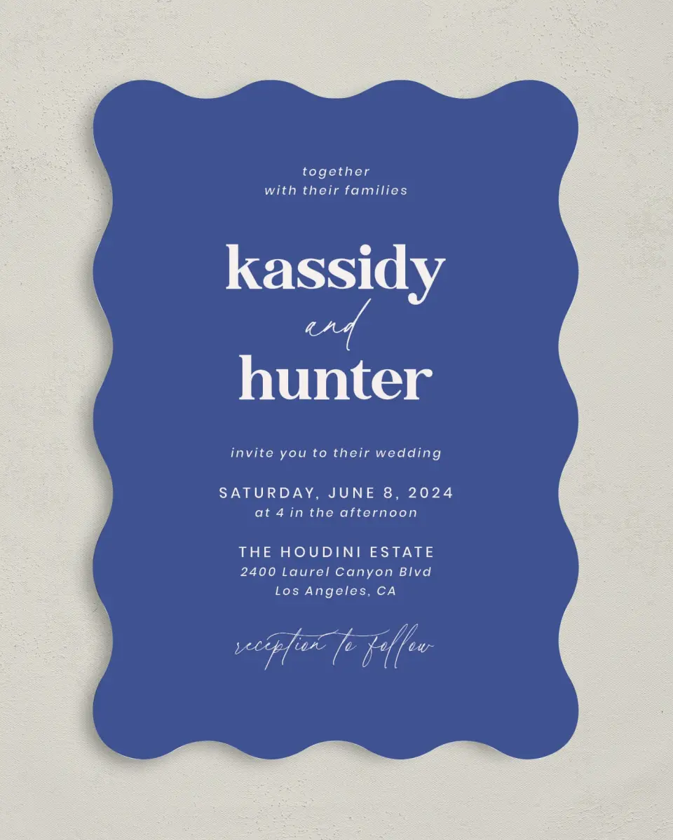 This is a 5" x 7" Wavy Wedding Invitation called The Kassidy printed in full color on Premium Smooth paper