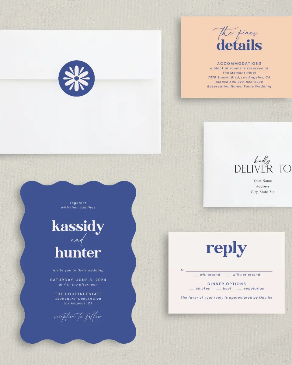 This is a 5" x 7" Wavy Wedding Invitation called The Kassidy printed in full color with Gold foil on Luxe Satin (coated) paper