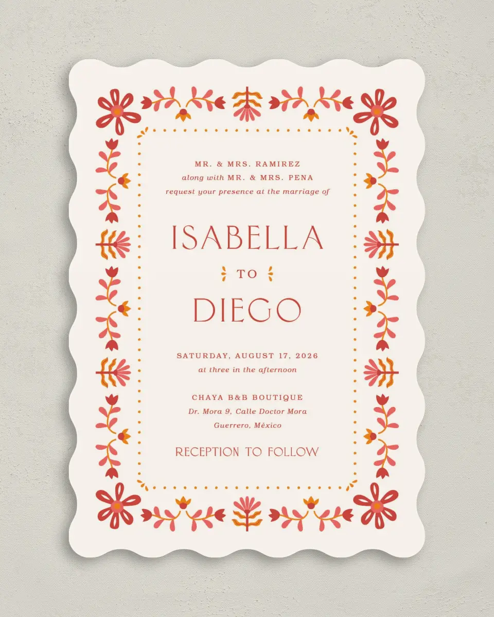 This is a 5" x 7" Wavy Wedding Invitation called Folk Fiesta printed in full color on Premium Smooth paper