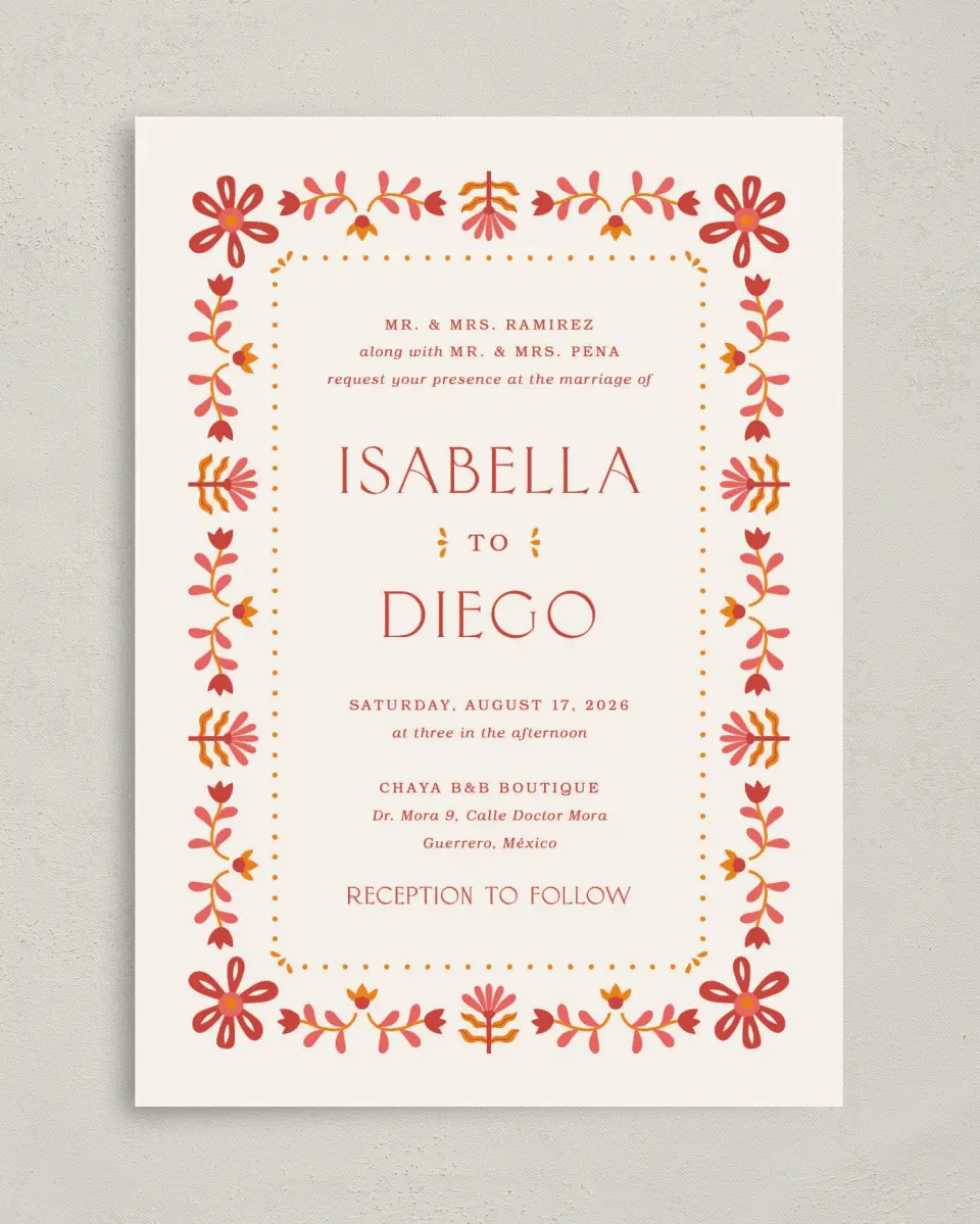 This is a 5" x 7" Classic Wedding Invitation called Folk Fiesta printed in full color with Gold foil on Luxe Satin (coated) paper